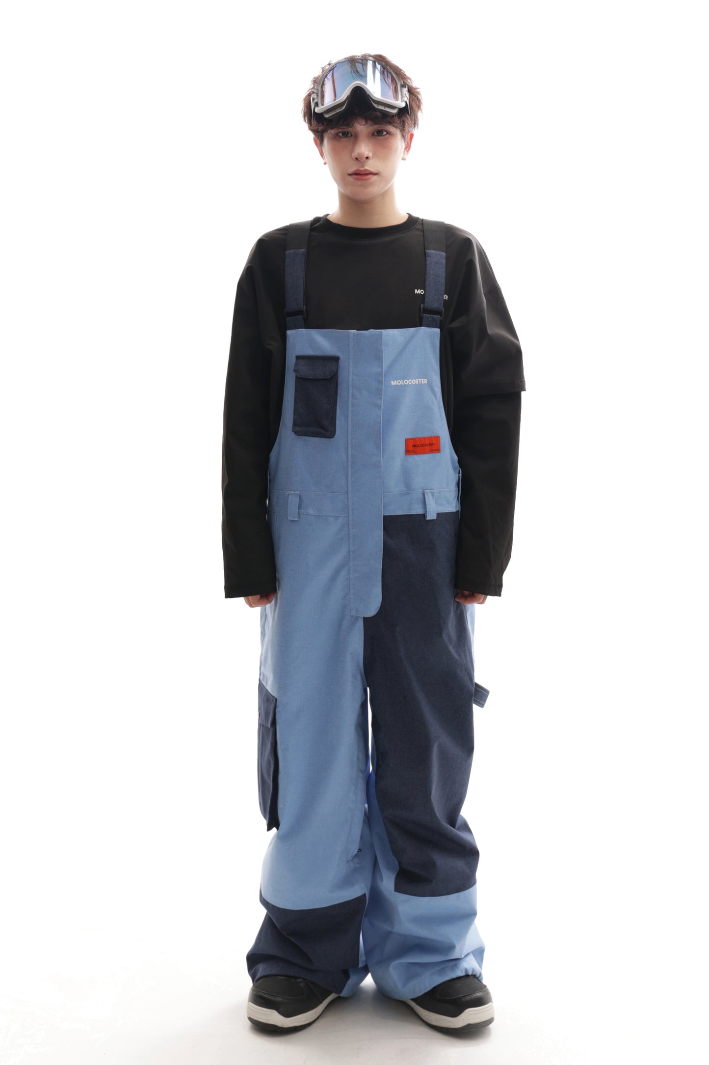 PATCHED DENIM SNOW BIB PANTS