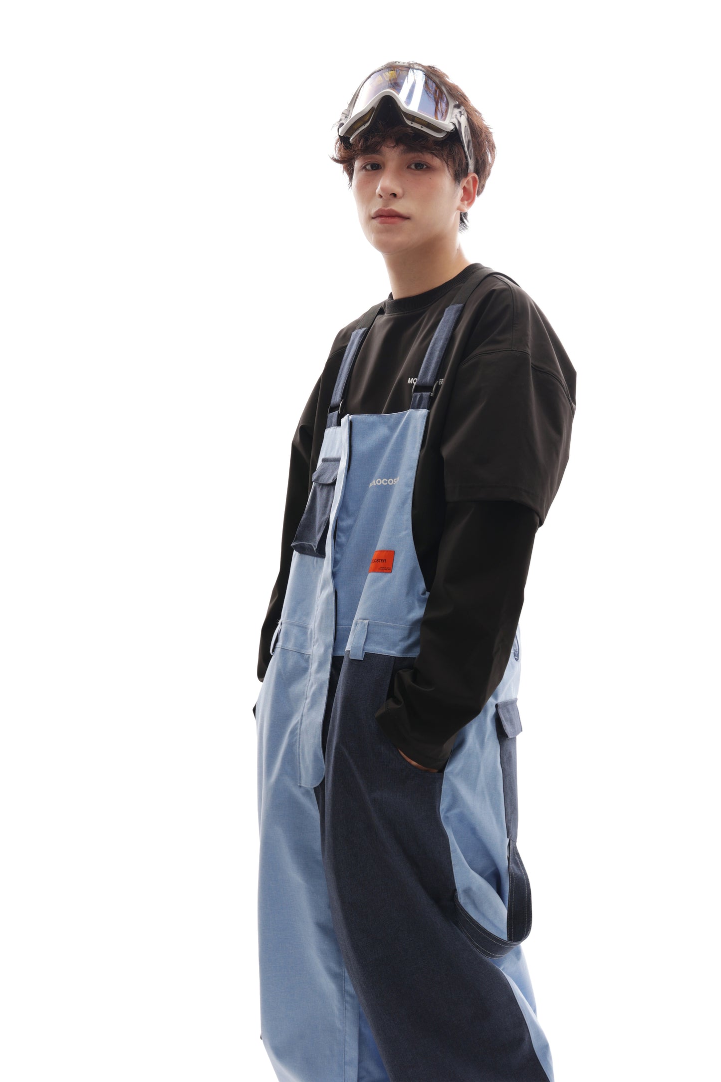 PATCHED DENIM SNOW BIB PANTS