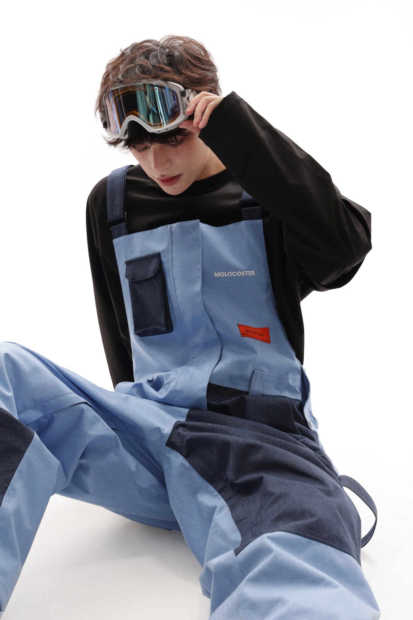 PATCHED DENIM SNOW BIB PANTS