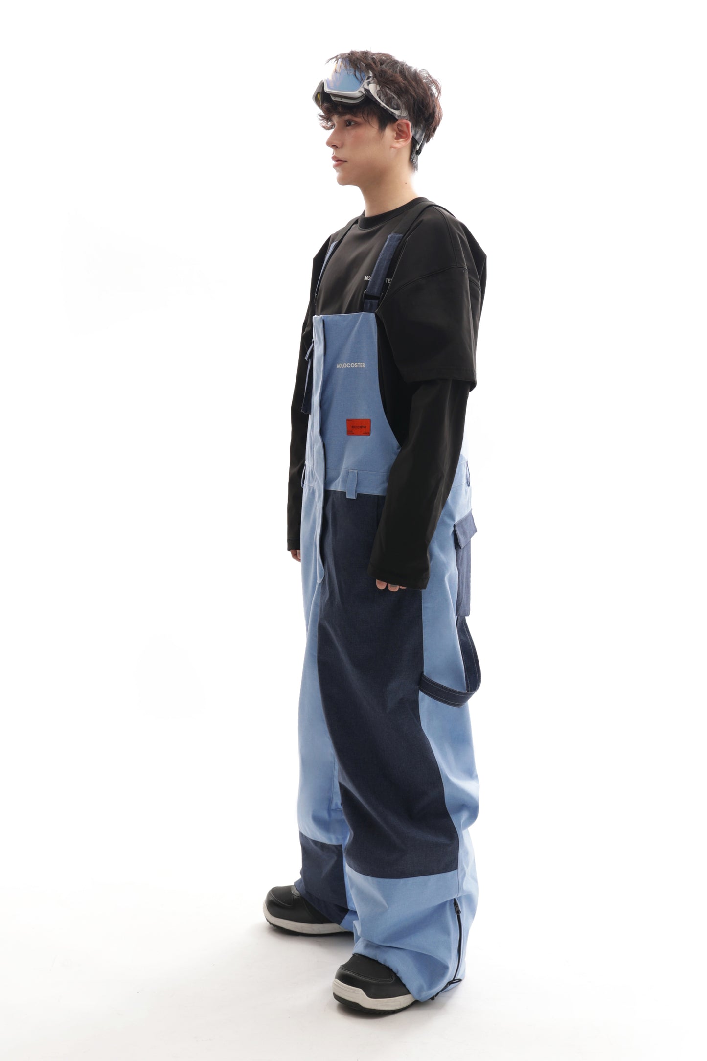 PATCHED DENIM SNOW BIB PANTS