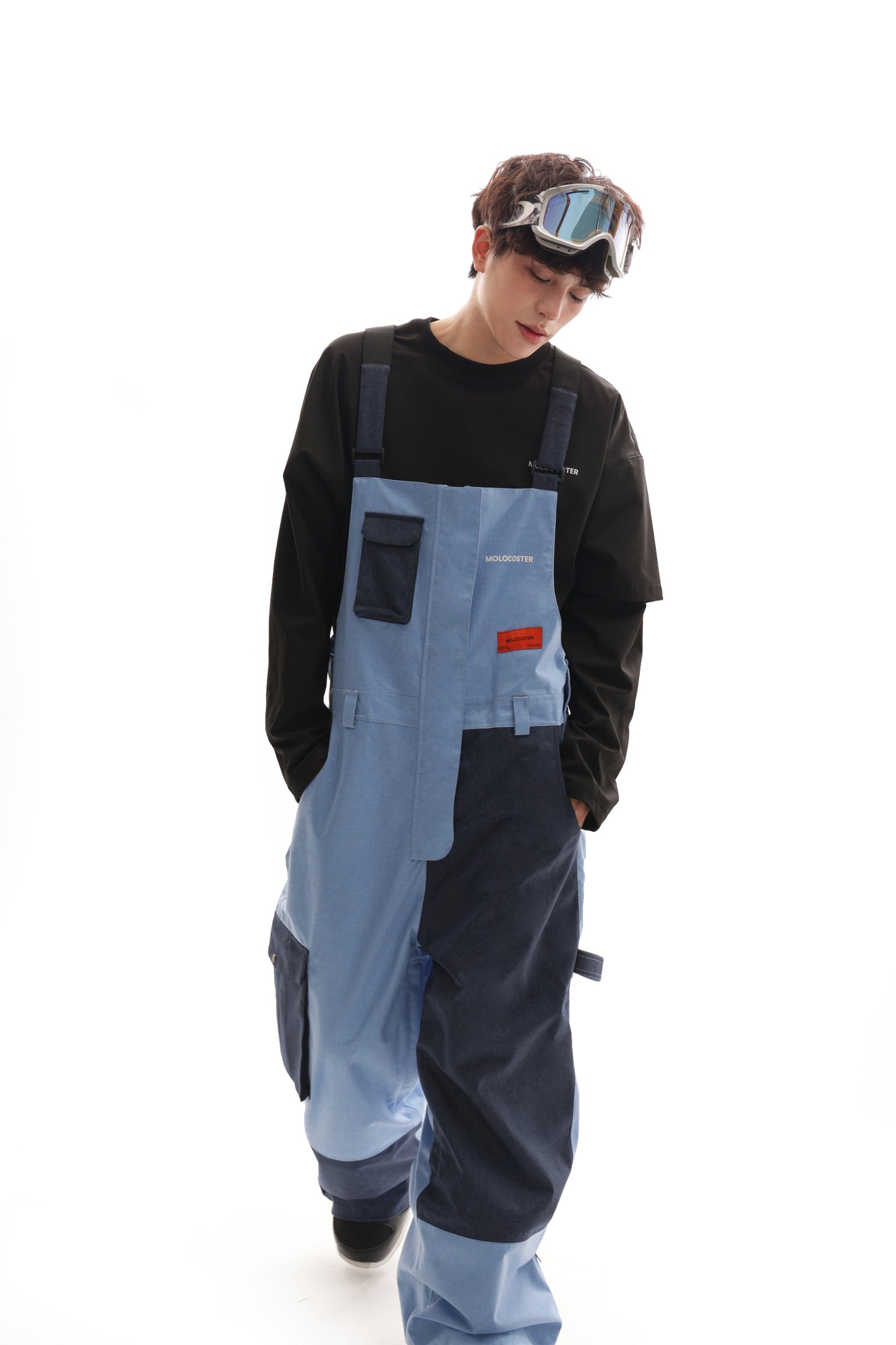 PATCHED DENIM SNOW BIB PANTS