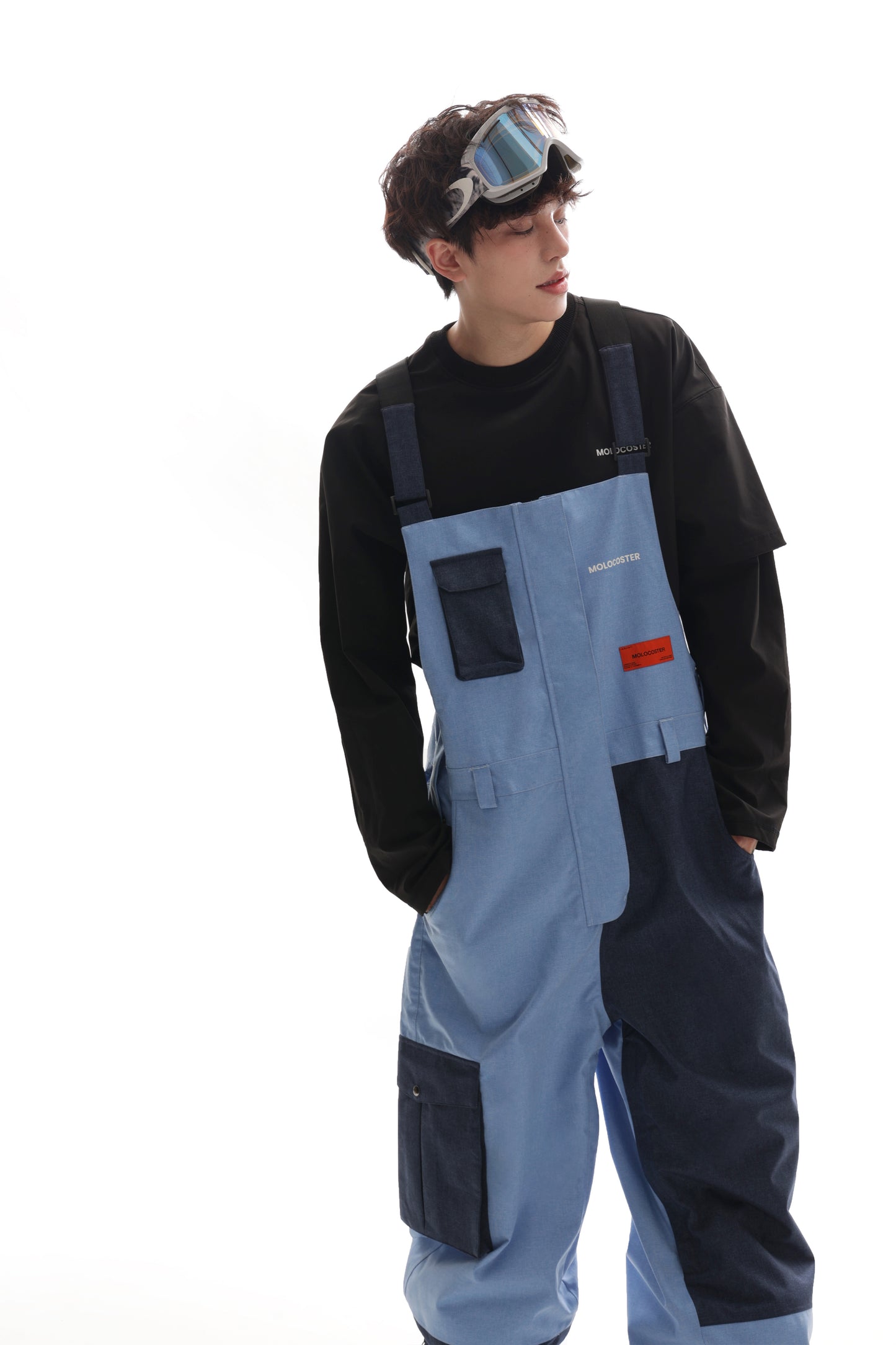 PATCHED DENIM SNOW BIB PANTS